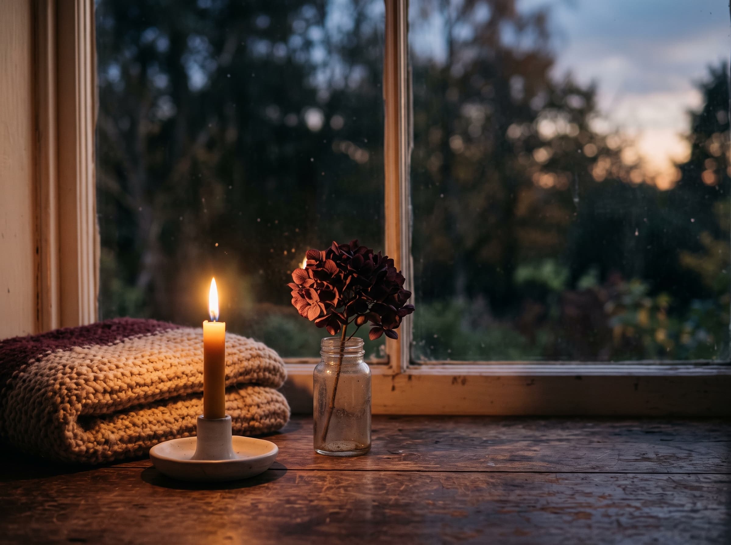 Candlelight by a window in the evening