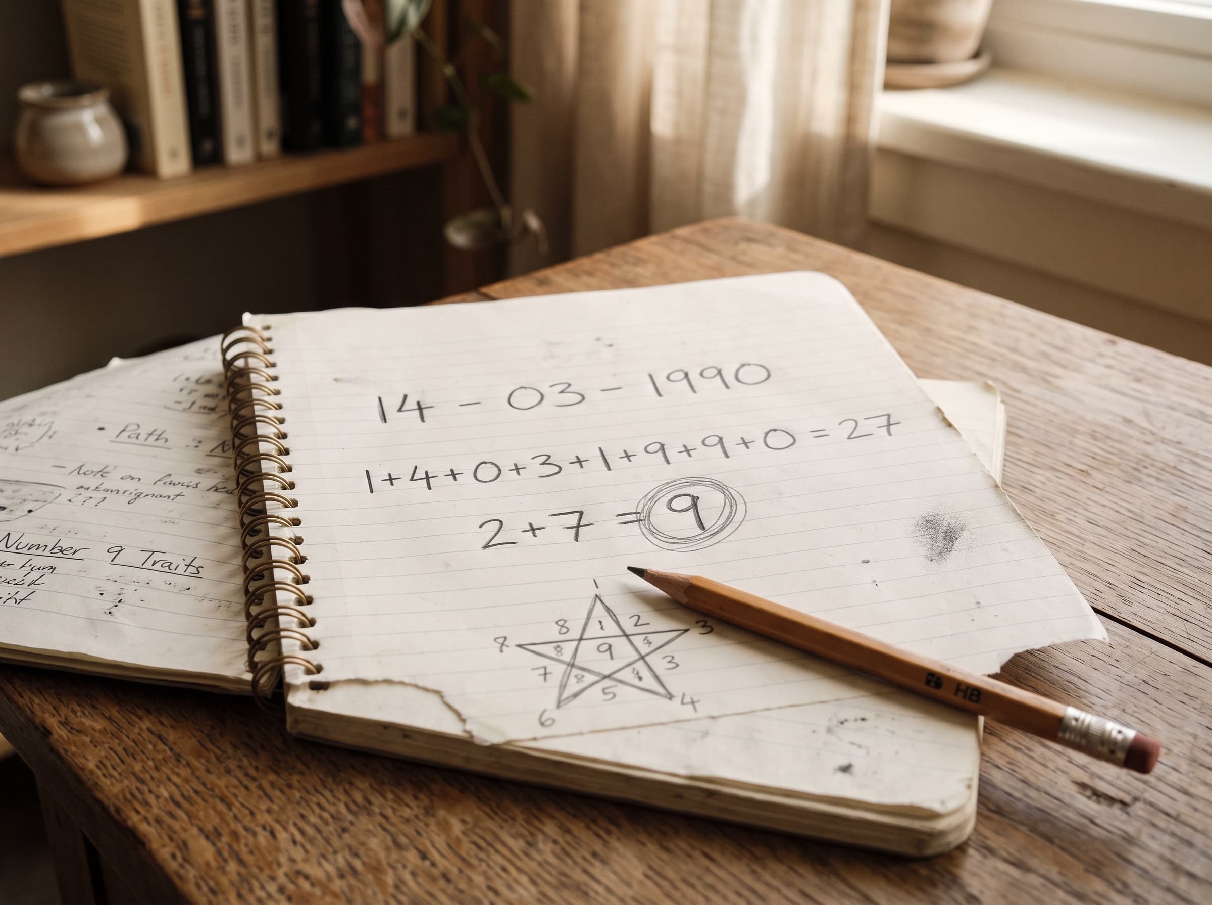 Notebook showing a numerological calculation with a birth date reduced step by step to a single number