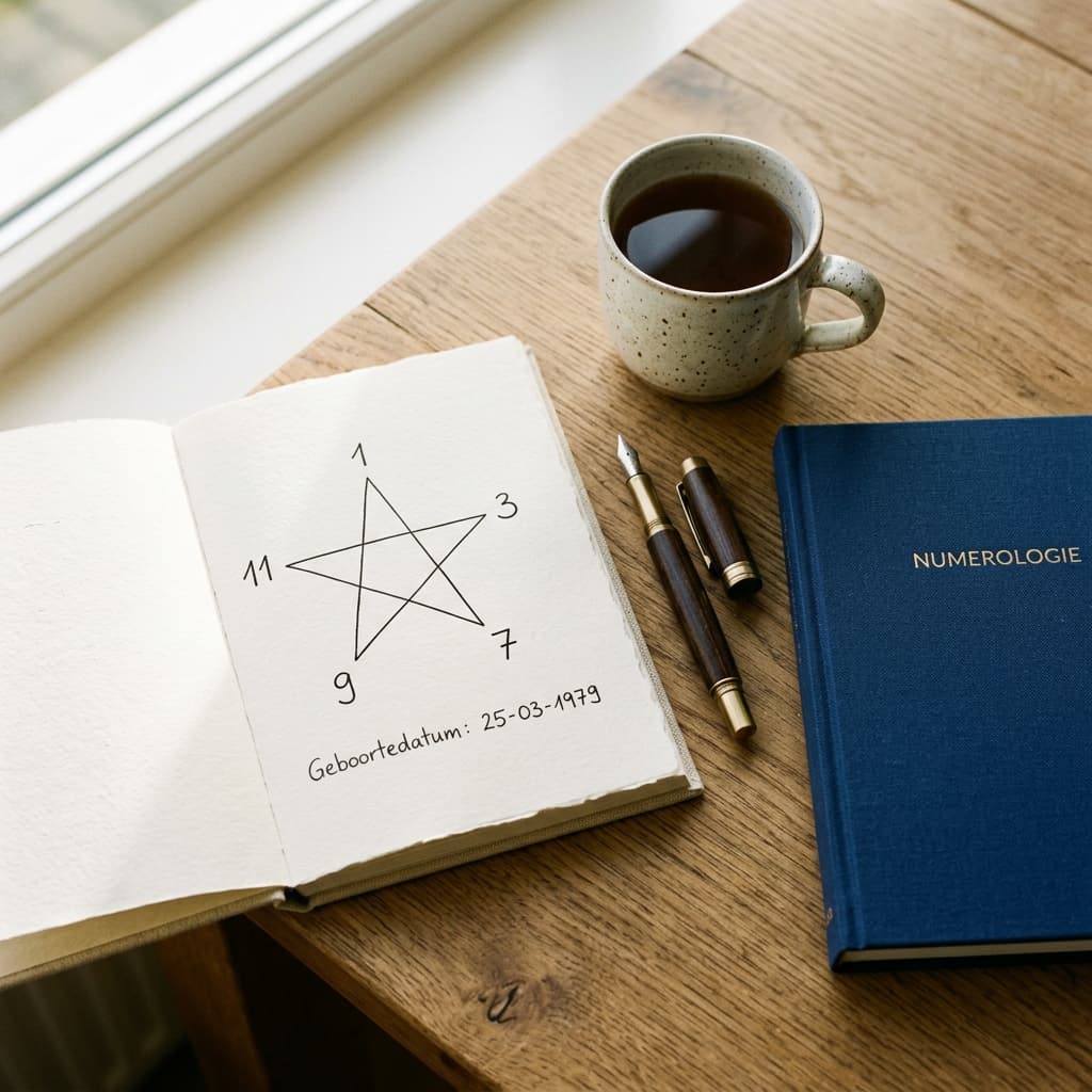 Minimalist linen journal with hand-drawn numerology pentagram blueprint calculation and hardcover book