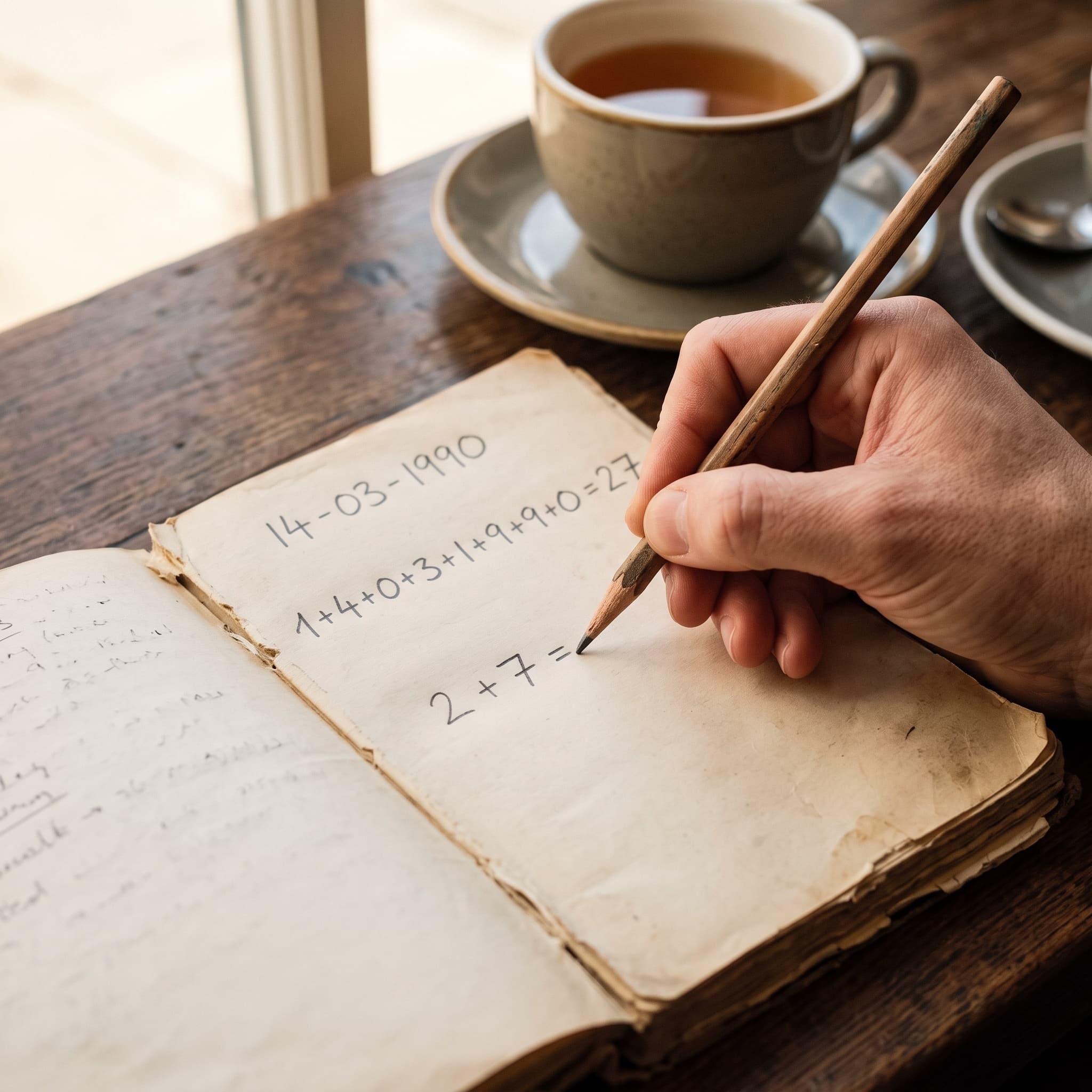 A person writing a numerology blueprint calculation in a vintage journal