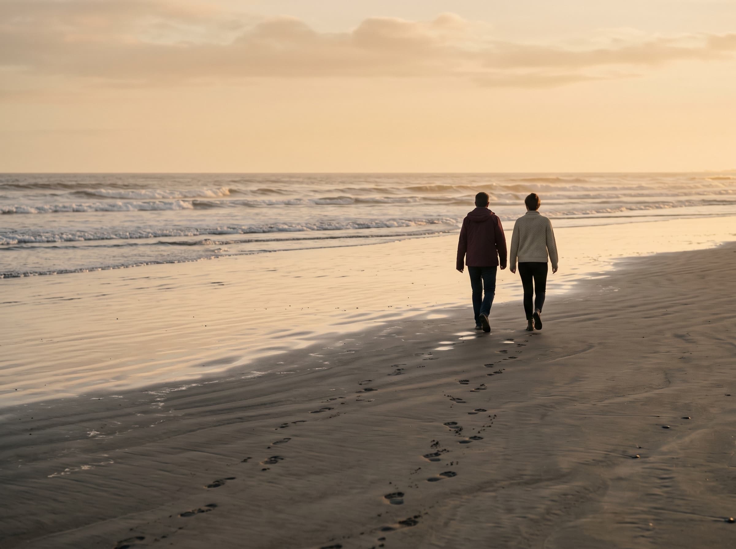 Two people walking together along a serene beach shore